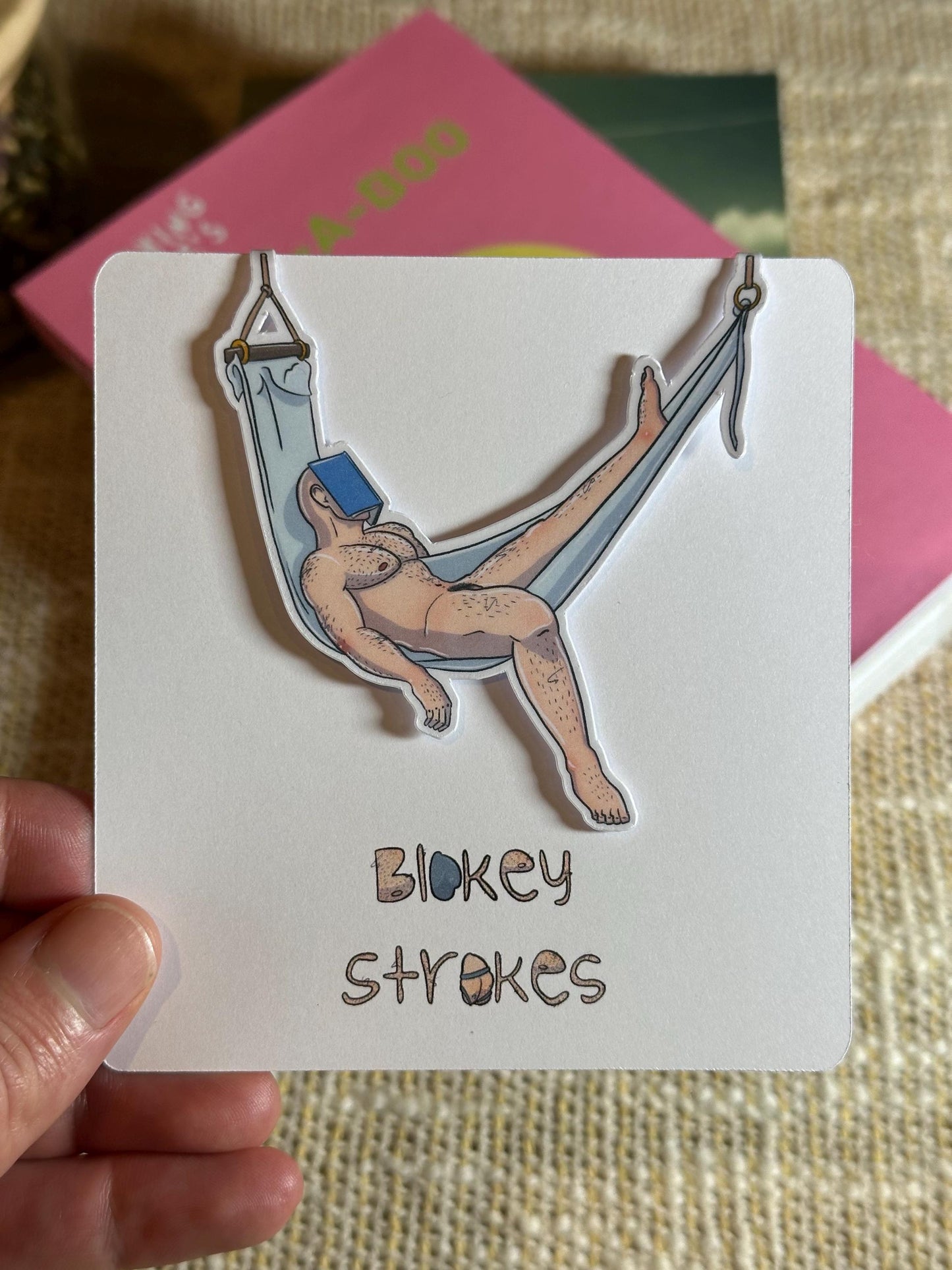 Naked man magnetic bookmark with Blokey Strokes logo