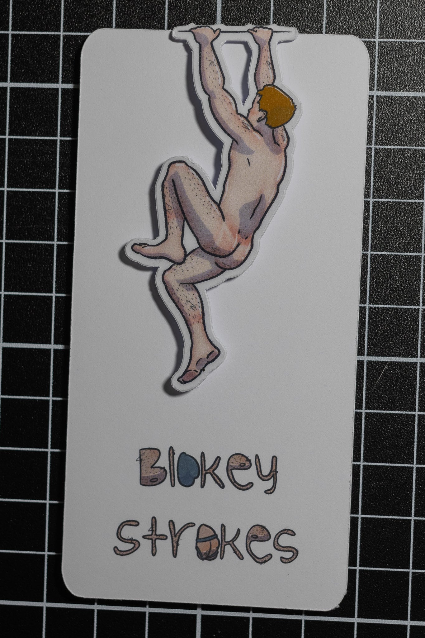 Naked man magnetic bookmark with Blokey Strokes logo