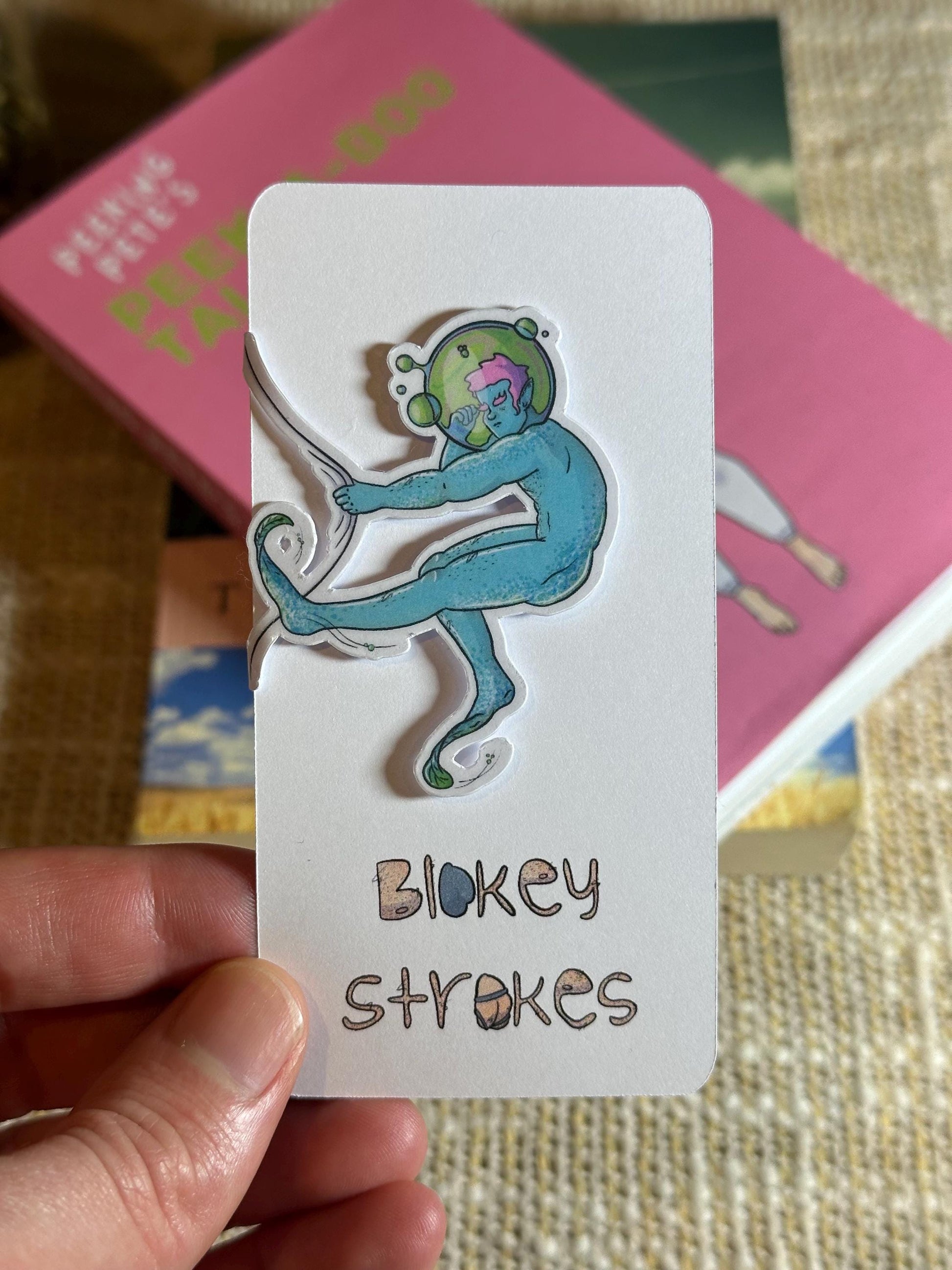 Naked man magnetic bookmark with Blokey Strokes logo