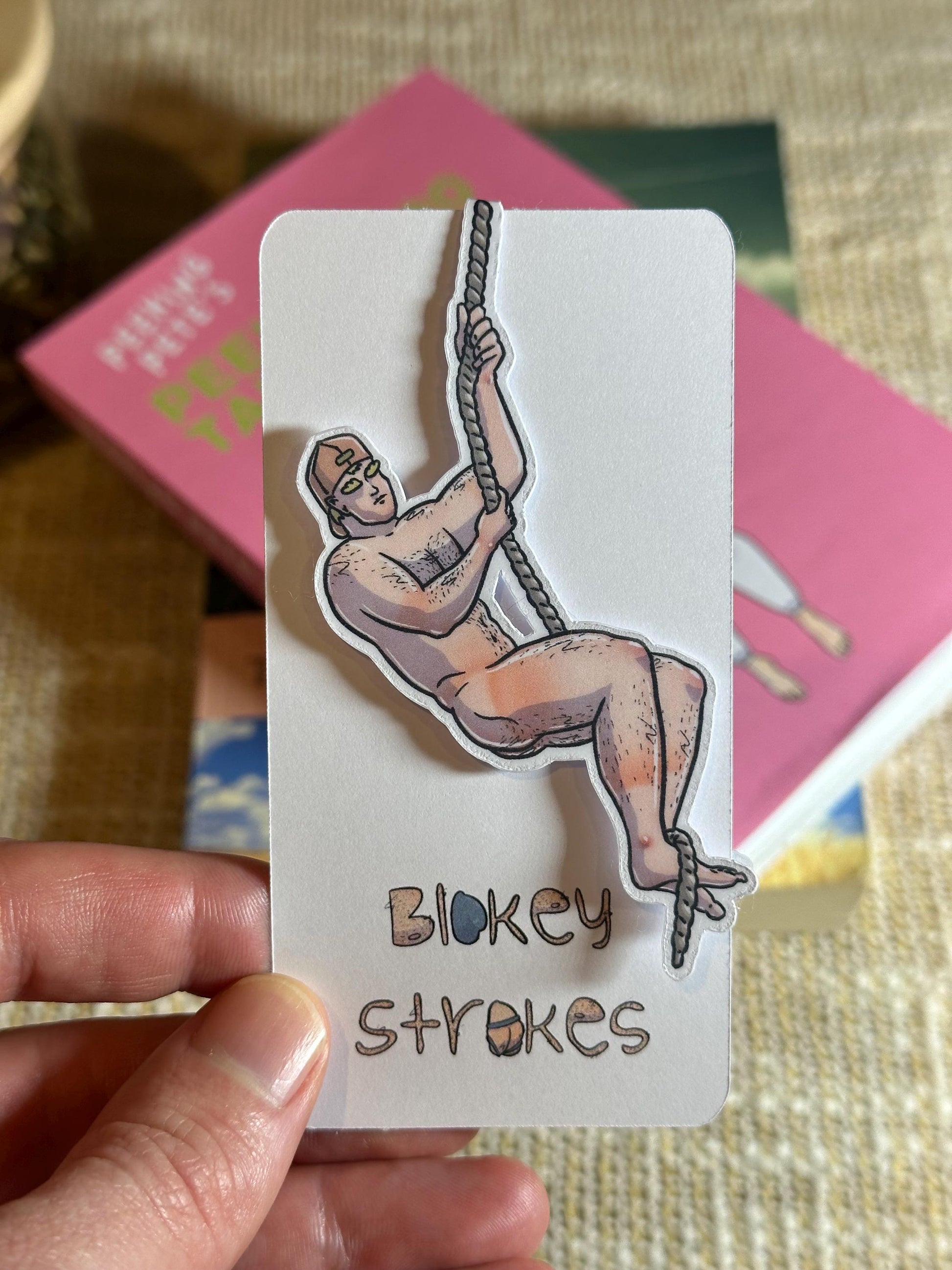 Naked man magnetic bookmark with Blokey Strokes logo