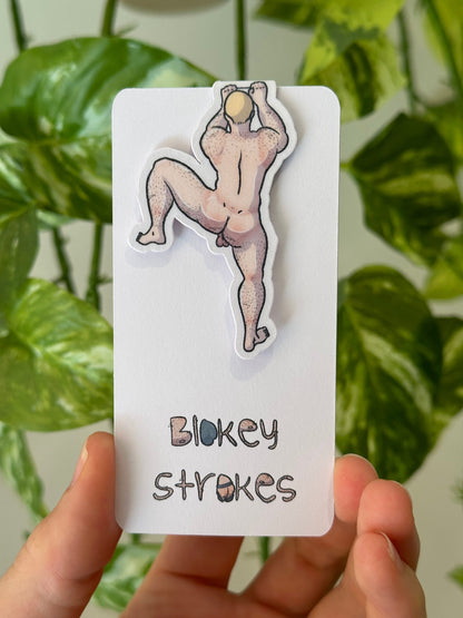 Naked man magnetic bookmark with Blokey Strokes logo