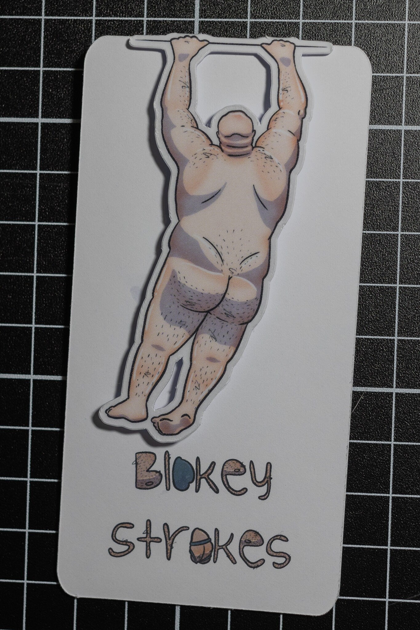 Naked man magnetic bookmark with Blokey Strokes logo