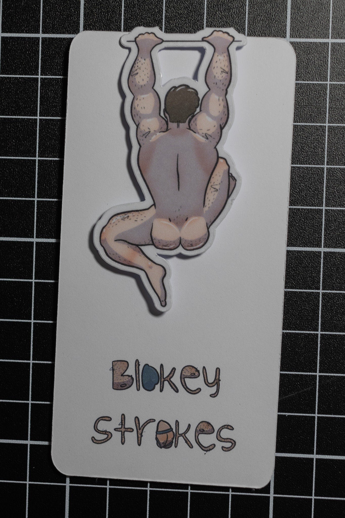 Naked man magnetic bookmark with Blokey Strokes logo