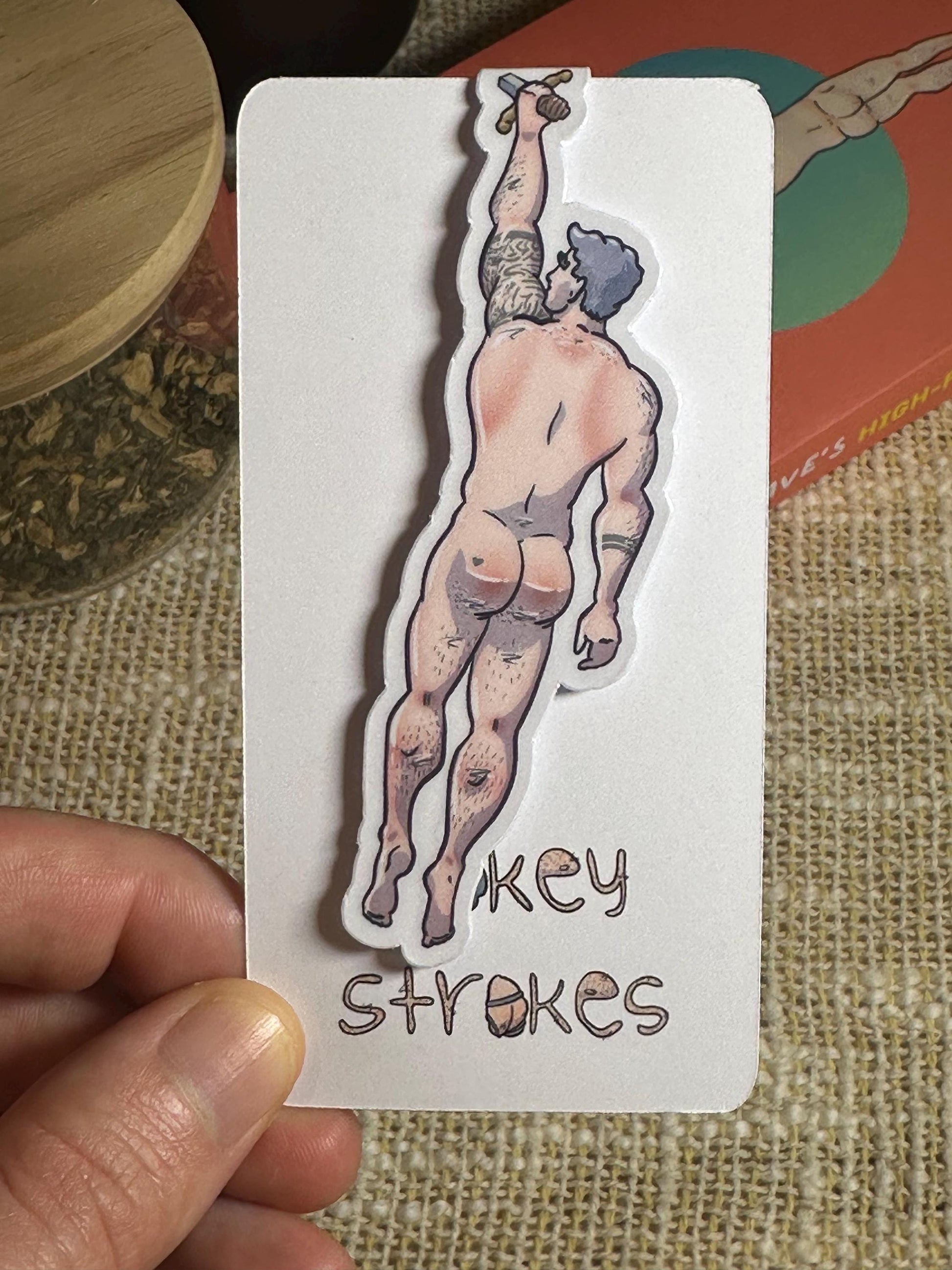 Naked man magnetic bookmark with Blokey Strokes logo